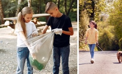 Barn som sopsorterar och barn som går med hund